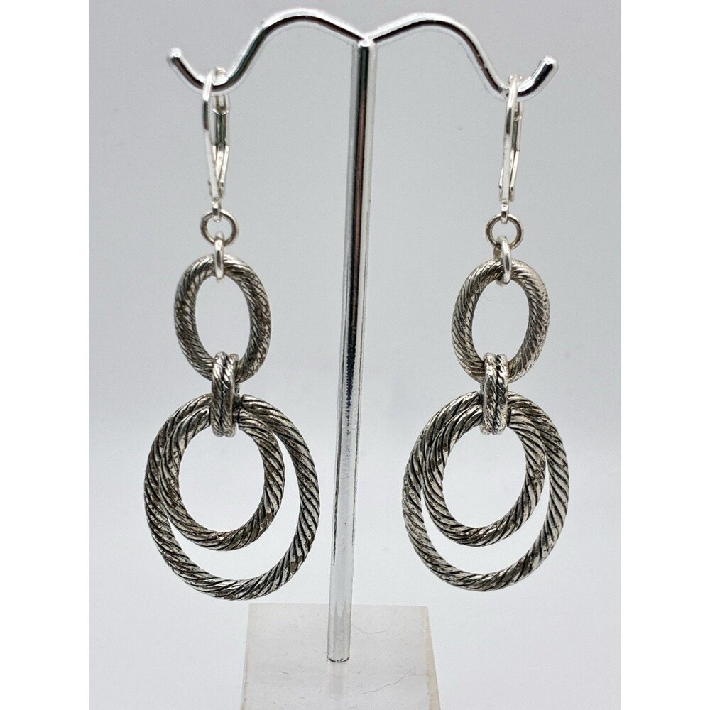 Textured Double Interlocking Oval Links Dangle Pierced Earrings Silver Tone 2.5”